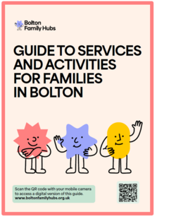 Image of the front cover of the whats on guide. There is text and three colourful cartoon style star shaped characters. QR code and link to the website